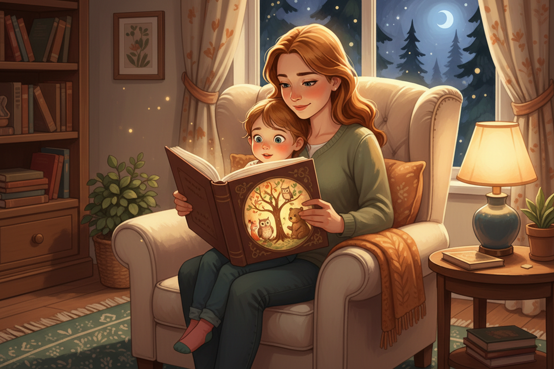 A parent and young child reading a woodland storybook together by warm lamplight, the child's face lit with wonder and emotion