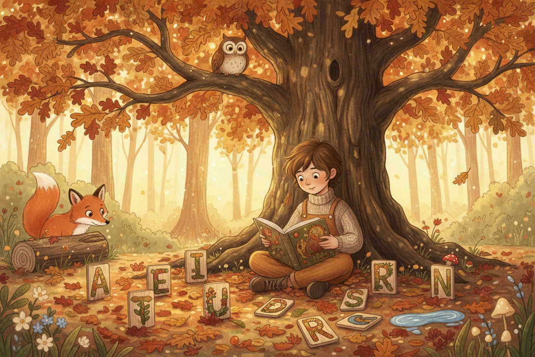 A child reading under a woodland oak tree surrounded by letter cards and curious forest animals, illustrating early phonics learning