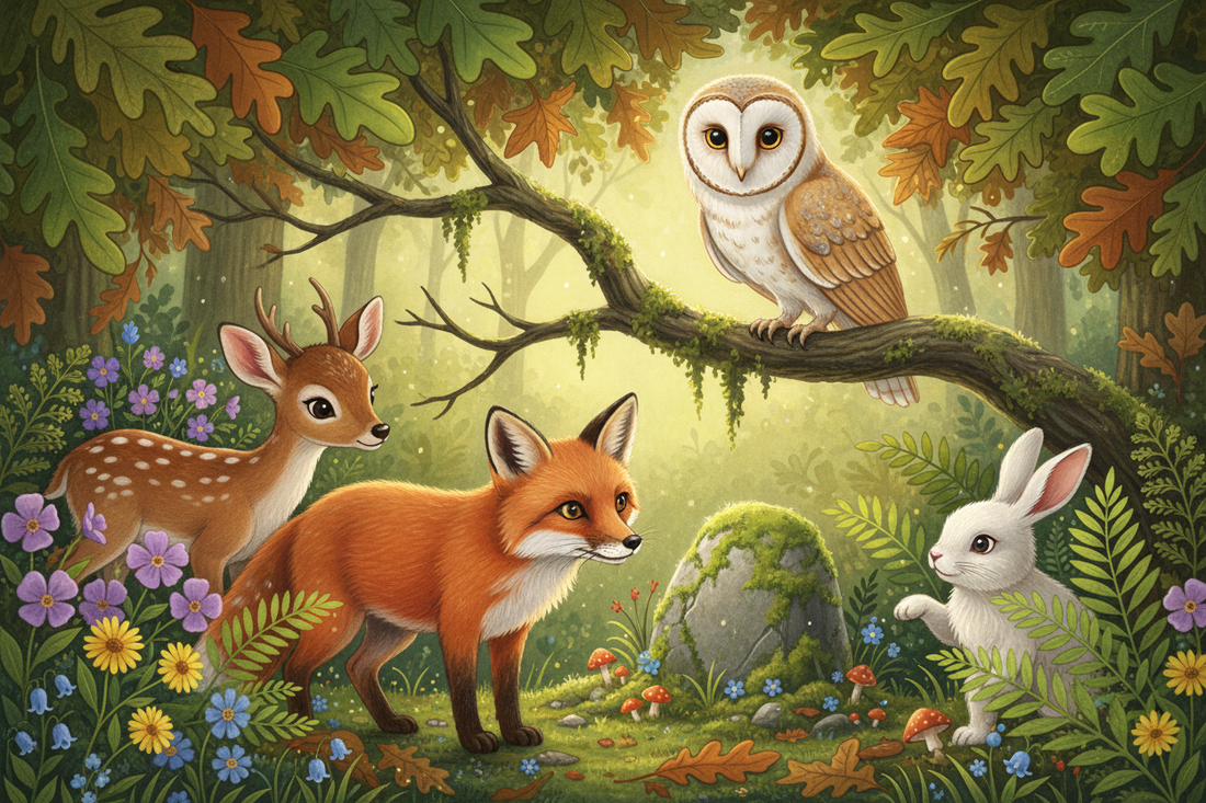 A magical woodland scene featuring a fox, owl, deer, and rabbit surrounded by lush forest greenery, wildflowers, and soft golden dappled light
