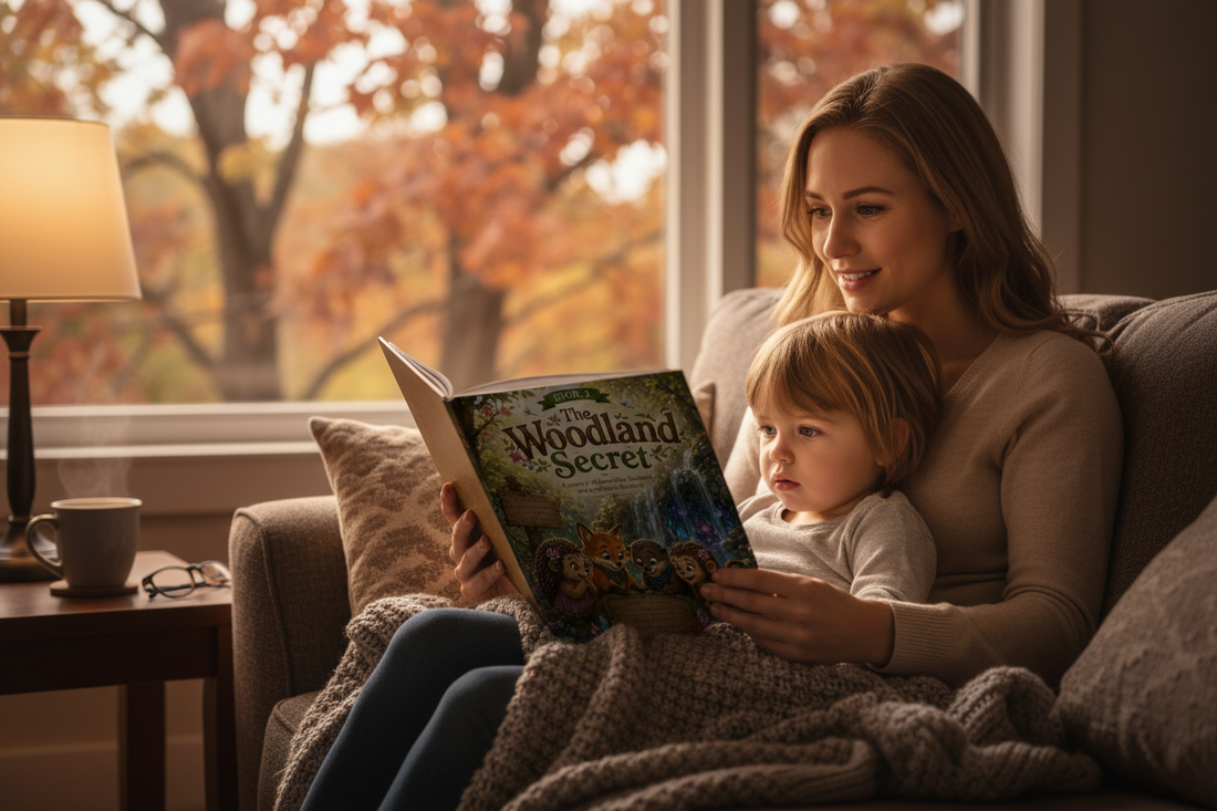 A parent reading The Woodland Secret by Woodland Wonder Tales aloud to a young child snuggled together on a cosy sofa in warm lamp light