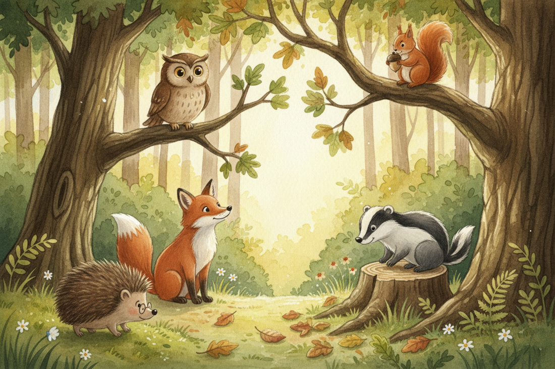 Illustrated woodland creatures — a hedgehog, fox, owl, badger, and squirrel — gathered together in a sunlit forest clearing in a warm watercolour style