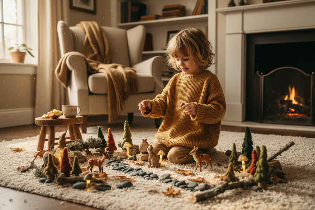 "Young child playing imaginatively on a living room floor with woodland animal figurines and natural materials arranged into a miniature forest world"