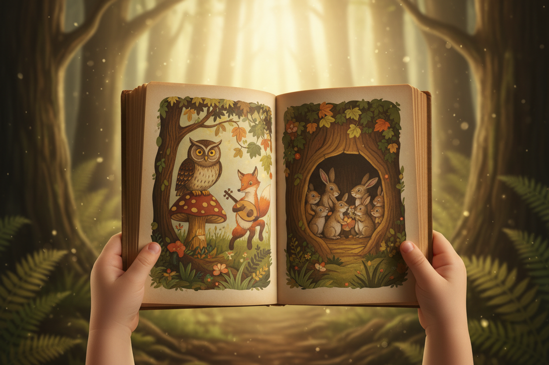 Child's hands holding open a woodland children's picture book with soft dappled forest light in the background"