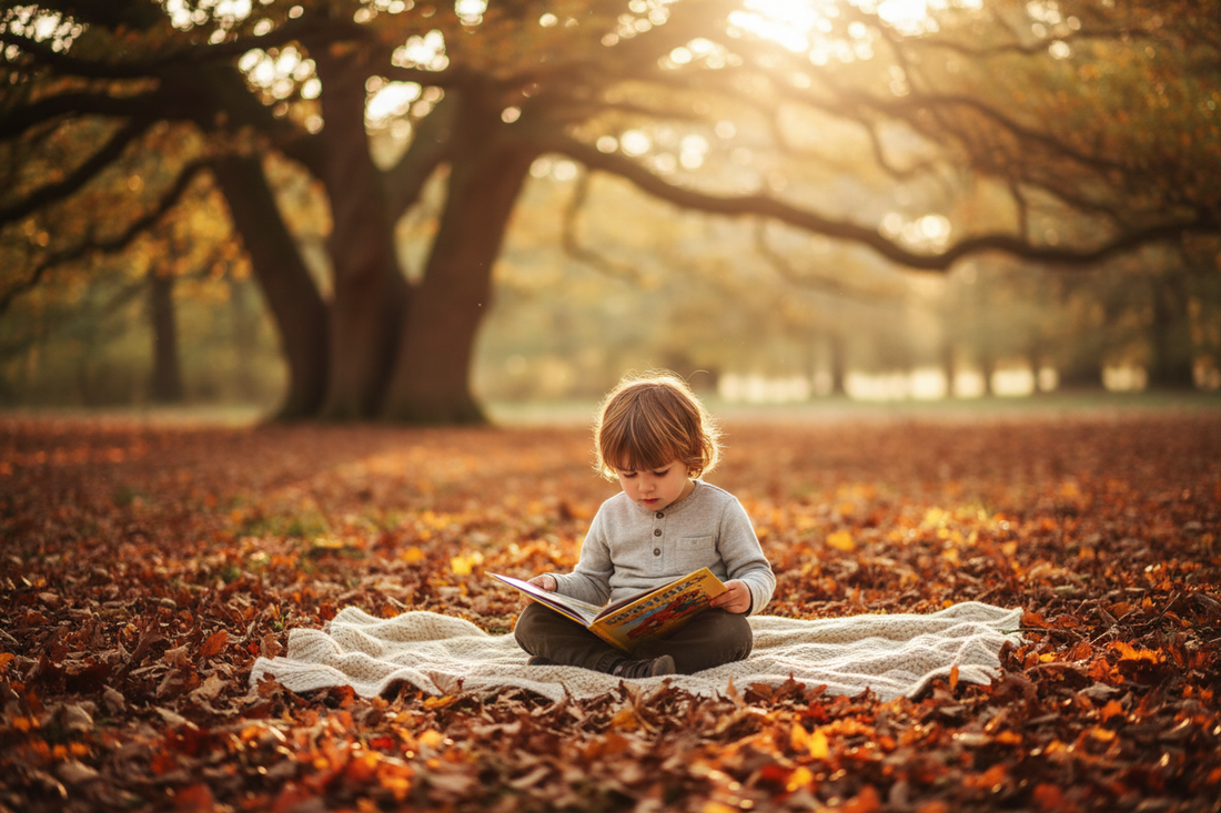 A young child sitting in a sunlit forest clearing, reading a picture book surrounded by golden autumn leaves