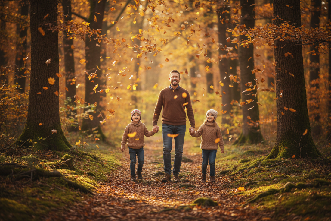 A family walking together through a golden autumn forest, holding hands among falling leaves and dappled sunlight through ancient oak trees