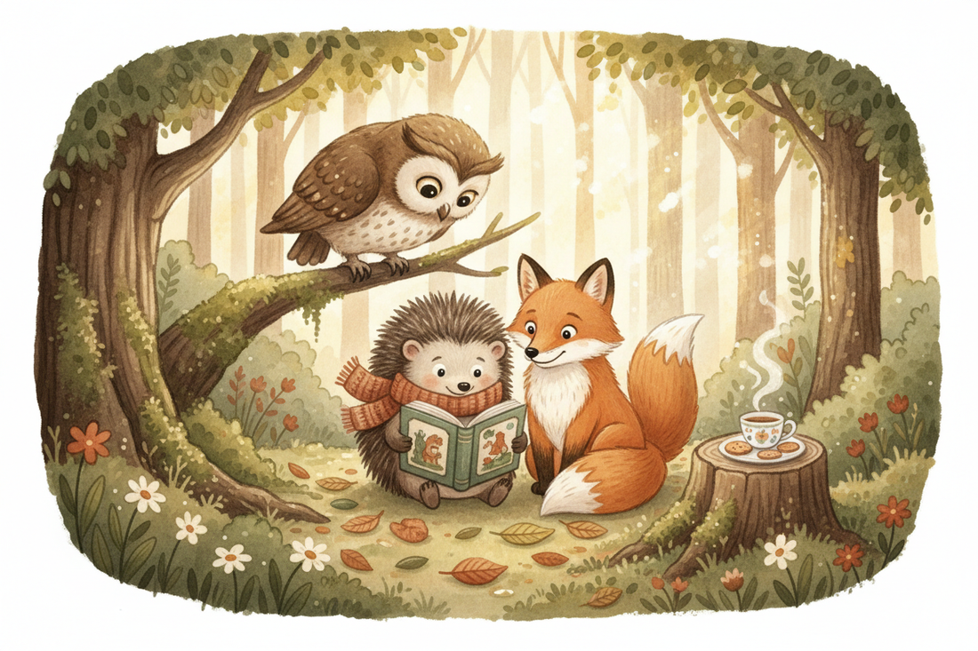 Illustrated woodland animal friends — a hedgehog, fox, and owl — sharing a storybook together in a warm sunlit forest