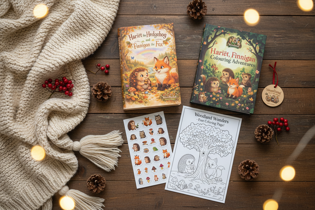 Woodland Wonder Tales winter gift guide — children's books, colouring book, sticker sheets and printables featuring Hariët the Hedgehog and Finnigan the Fox arranged in a cozy winter flat lay