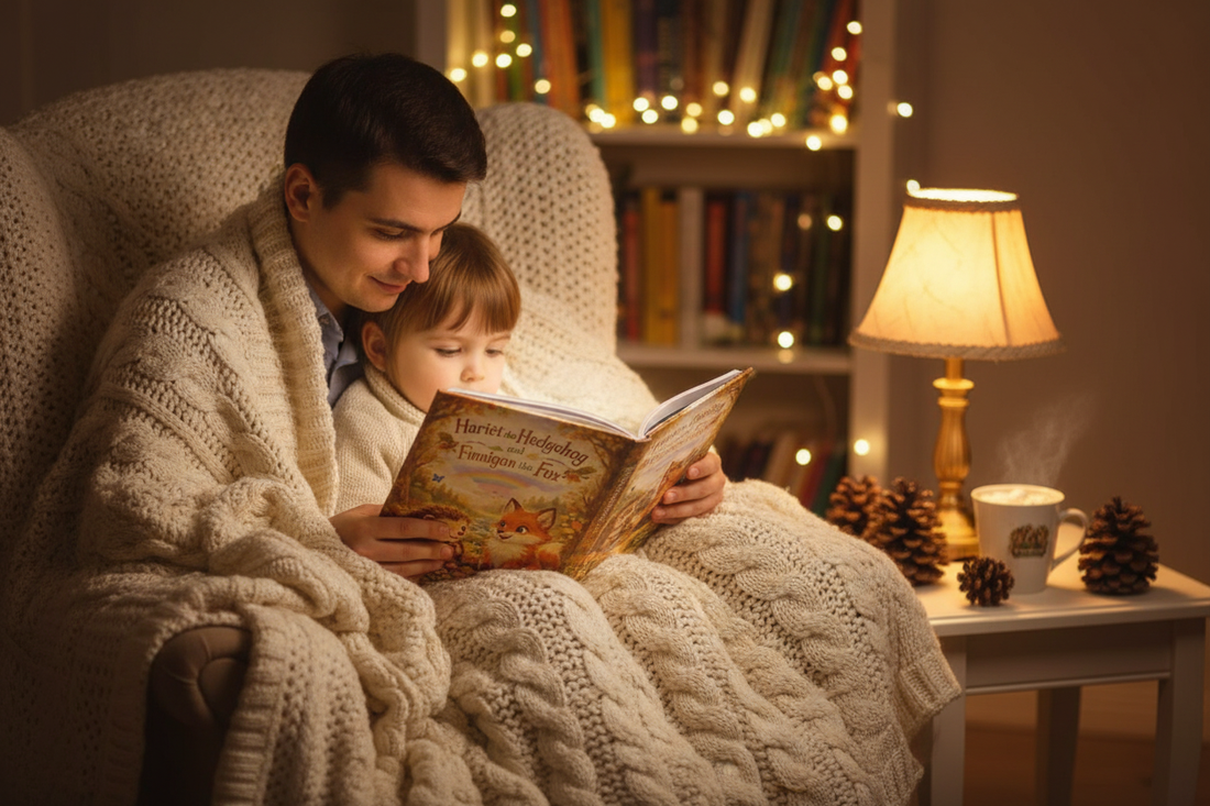 A parent and child snuggled together in a cozy reading nook with an illustrated woodland storybook featuring a hedgehog and fox, a warm lamp, hot chocolate, and fairy lights in the background