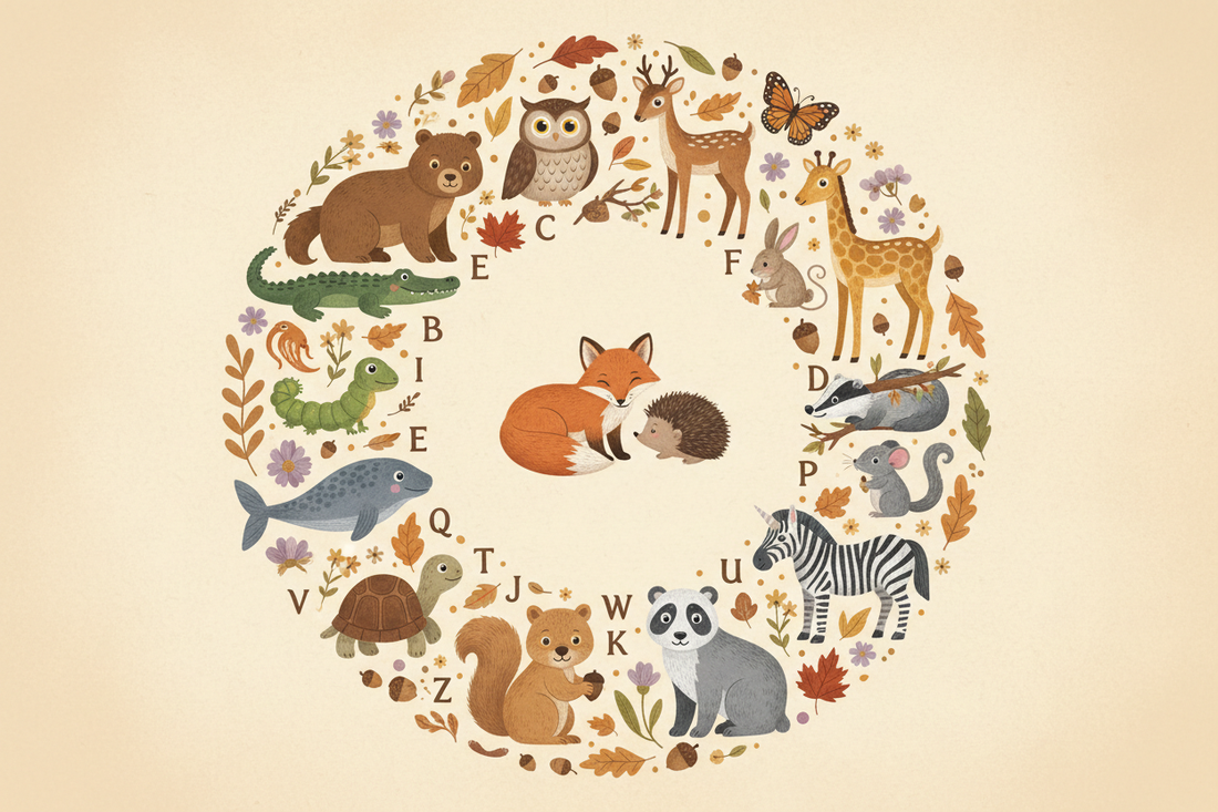 A charming illustrated arrangement of woodland animals including fox, hedgehog, owl, deer, rabbit, badger and squirrel surrounded by autumn leaves, acorns and wildflowers