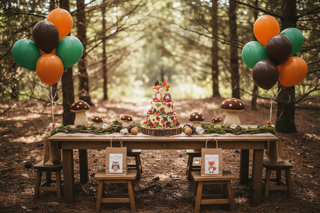 A woodland-themed birthday party table with acorn and mushroom decorations and a fox and hedgehog cake