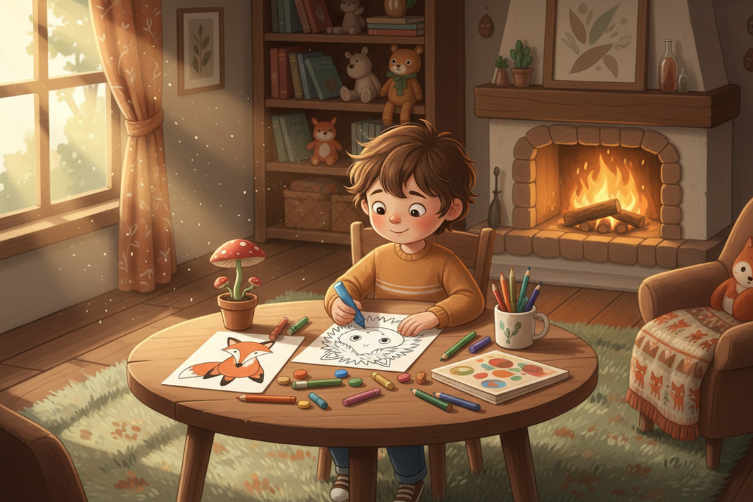 A child colouring woodland animal pages featuring hedgehogs and foxes at a cosy wooden table with crayons