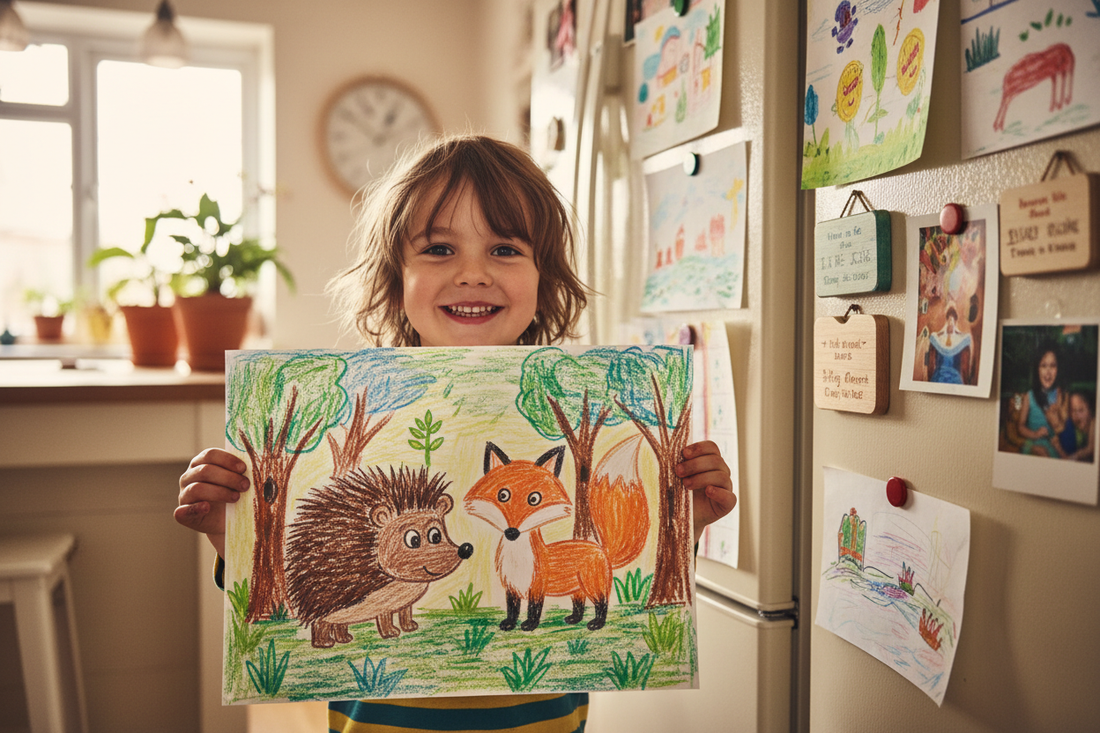 A child proudly holding up their own crayon drawing of a hedgehog and a fox in a forest