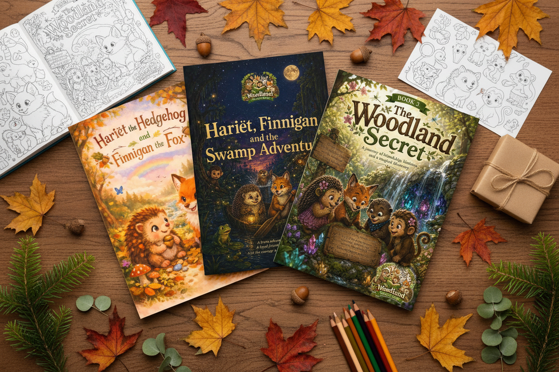 A gift guide flat lay featuring the Woodland Wonder Tales book collection — Books 1, 2 and 3 — alongside a colouring book, sticker sheets, coloured pencils, a wrapped gift, autumn leaves and acorns on a wooden surface