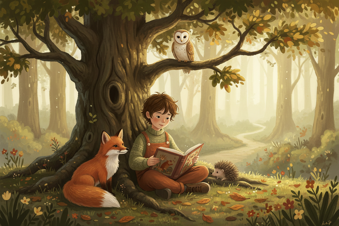 A child reading a book under an oak tree in a woodland, surrounded by a fox, owl, and hedgehog in a warm illustrated style - Woodland Wonder Tales
