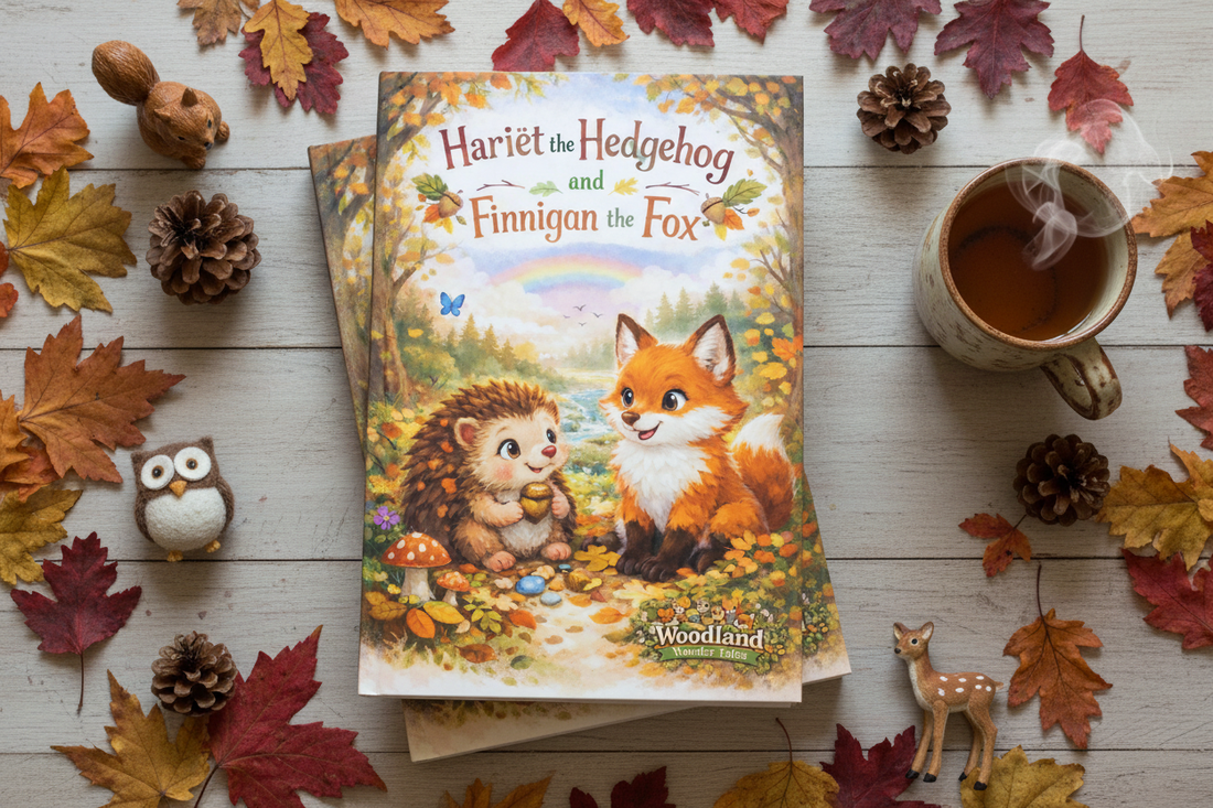 Woodland Wonder Tales children's books stacked on a wooden surface surrounded by autumn leaves, pinecones and woodland figurines in warm natural light"