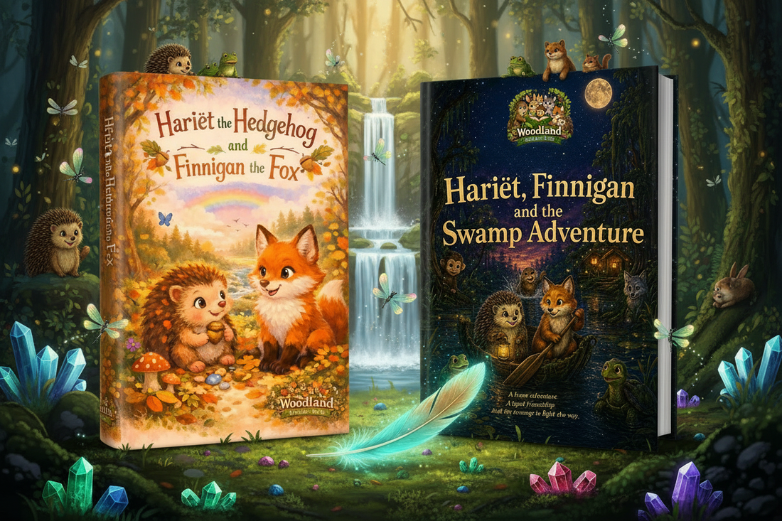Two Woodland Wonder Tales children's books displayed in a magical forest scene with a cascading waterfall, glowing crystal, enchanted feather, and woodland animal friends peeking through the trees