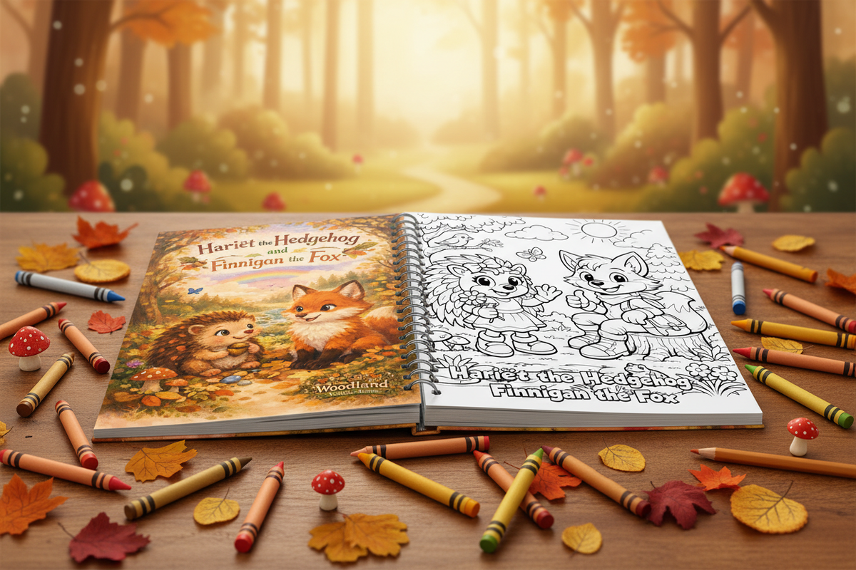 Hariët the Hedgehog and Finnigan the Fox colouring book with crayons in a woodland setting
