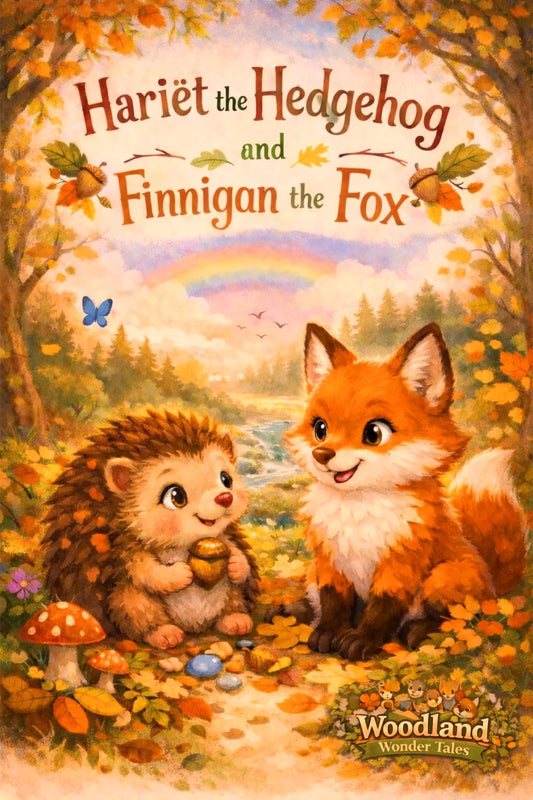 Hariët the Hedgehog and Finnigan the Fox colouring book cover — woodland scene
