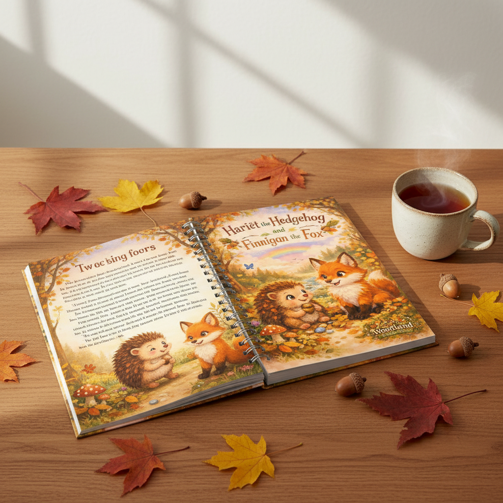 Hariët the Hedgehog and Finnigan the Fox storybook open on a cosy wooden table with autumn leaves and tea