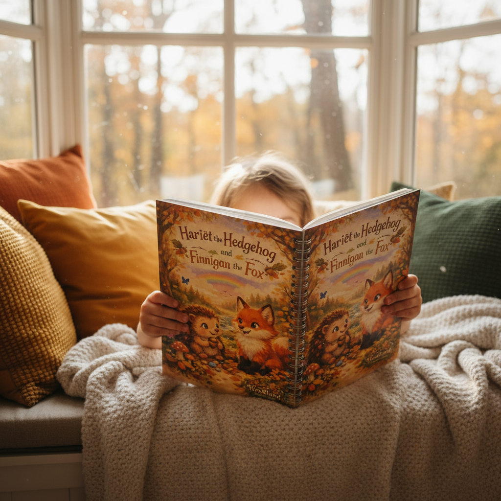 Child reading Hariët the Hedgehog and Finnigan the Fox storybook in a cosy reading nook