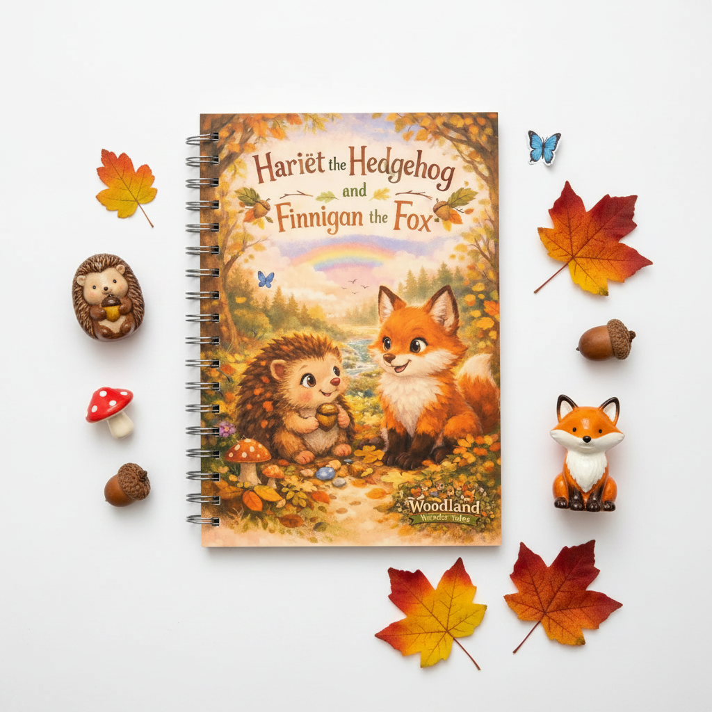 Flat lay of Hariët the Hedgehog and Finnigan the Fox storybook with woodland props on white background