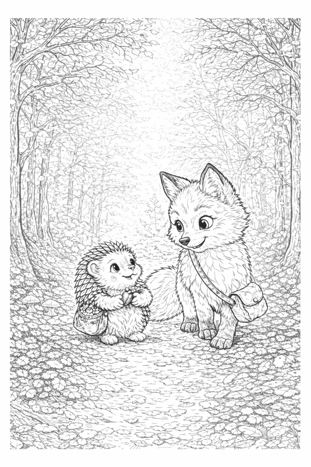 Hand-drawn colouring page from Woodland Wonder Tales — forest path scene