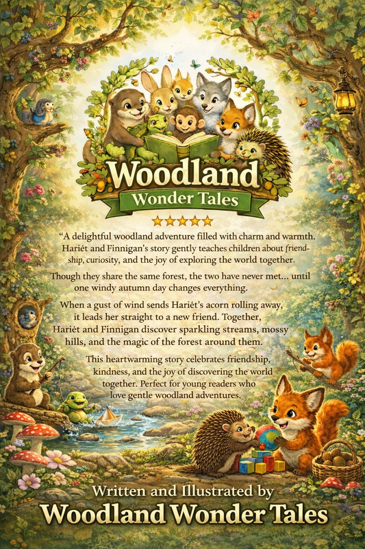 Book cover of 'Woodland Wonder Tales' with forest animals and scenic background