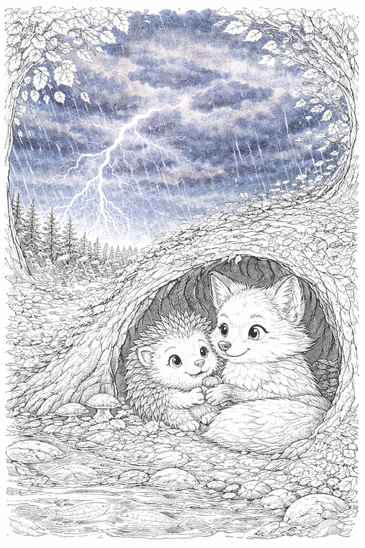 Free downloadable colouring page PDF featuring Hariët the Hedgehog and Finnigan the Fox