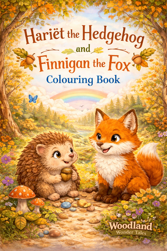 Cover of Hariët the Hedgehog and Finnigan the Fox printable colouring book