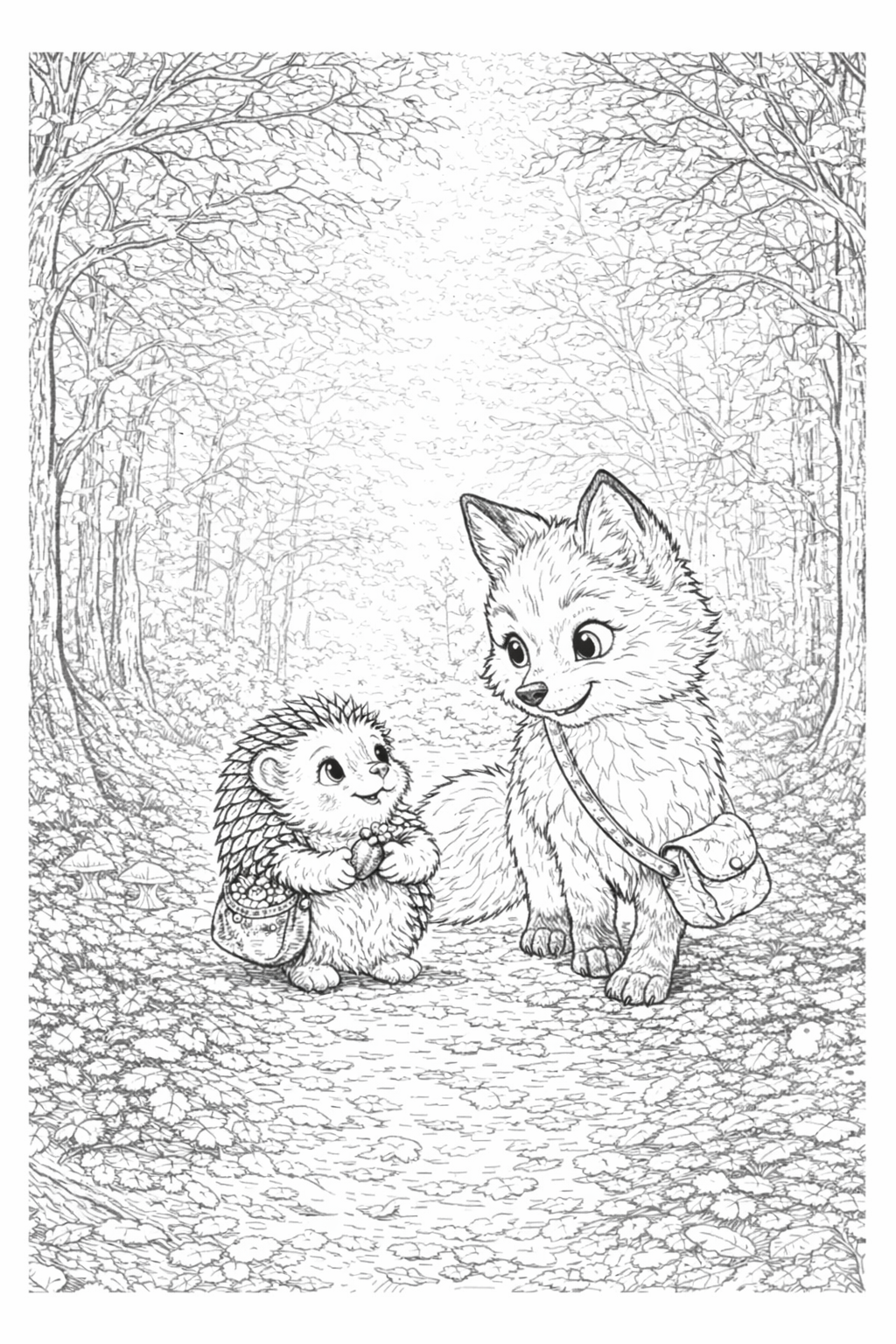 Colouring page featuring Finnigan the Fox from the Woodland Wonder Tales colouring book