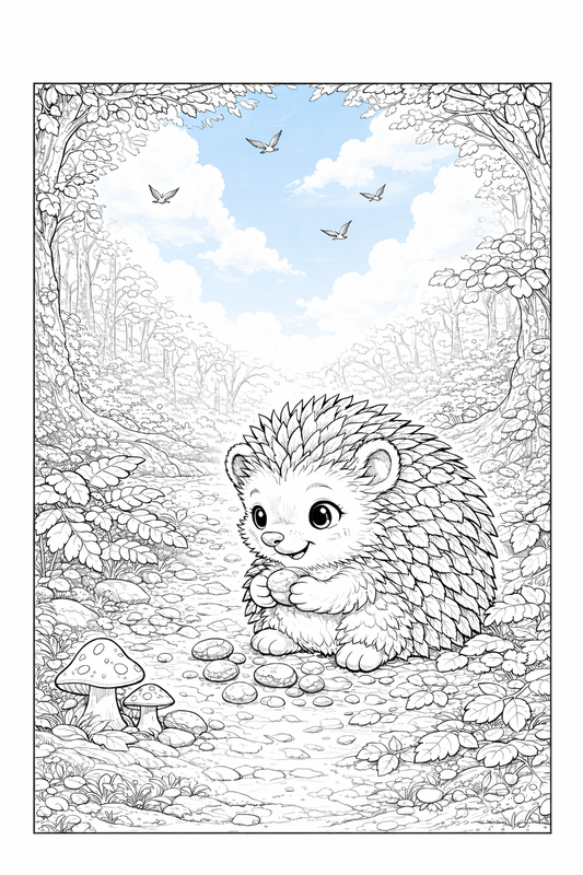 Inside spread of woodland colouring book with Hariët the Hedgehog