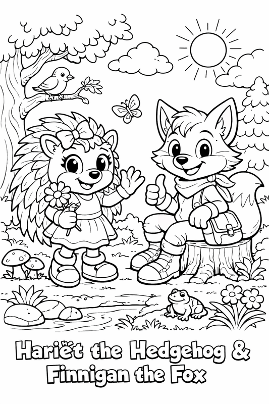 Free printable coloring page featuring Hariët the Hedgehog and Finnigan the Fox