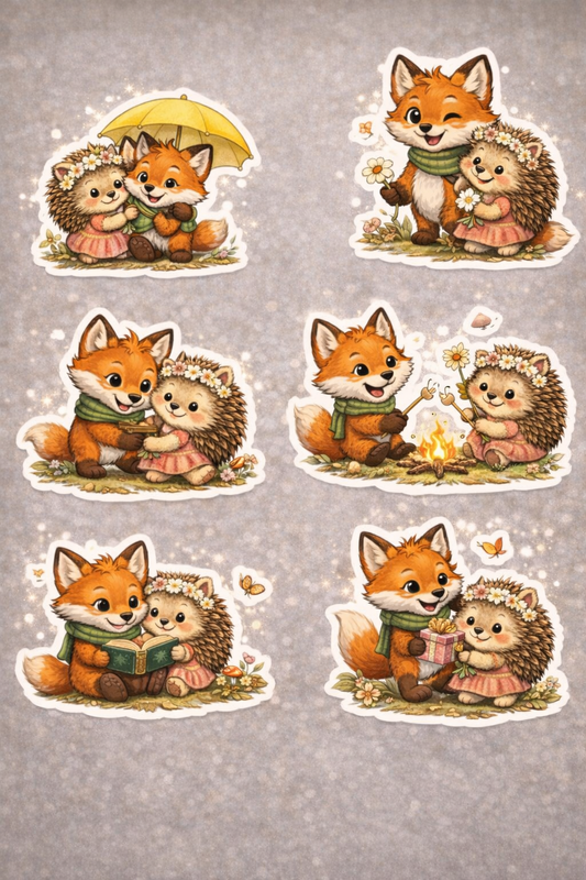 Printable sticker sheet featuring Hariët the Hedgehog and Finnigan the Fox woodland characters