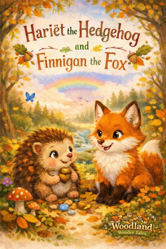 Illustration of a hedgehog and a fox in a forest with 'Harriet the Hedgehog and Finnigan the Fox' text.