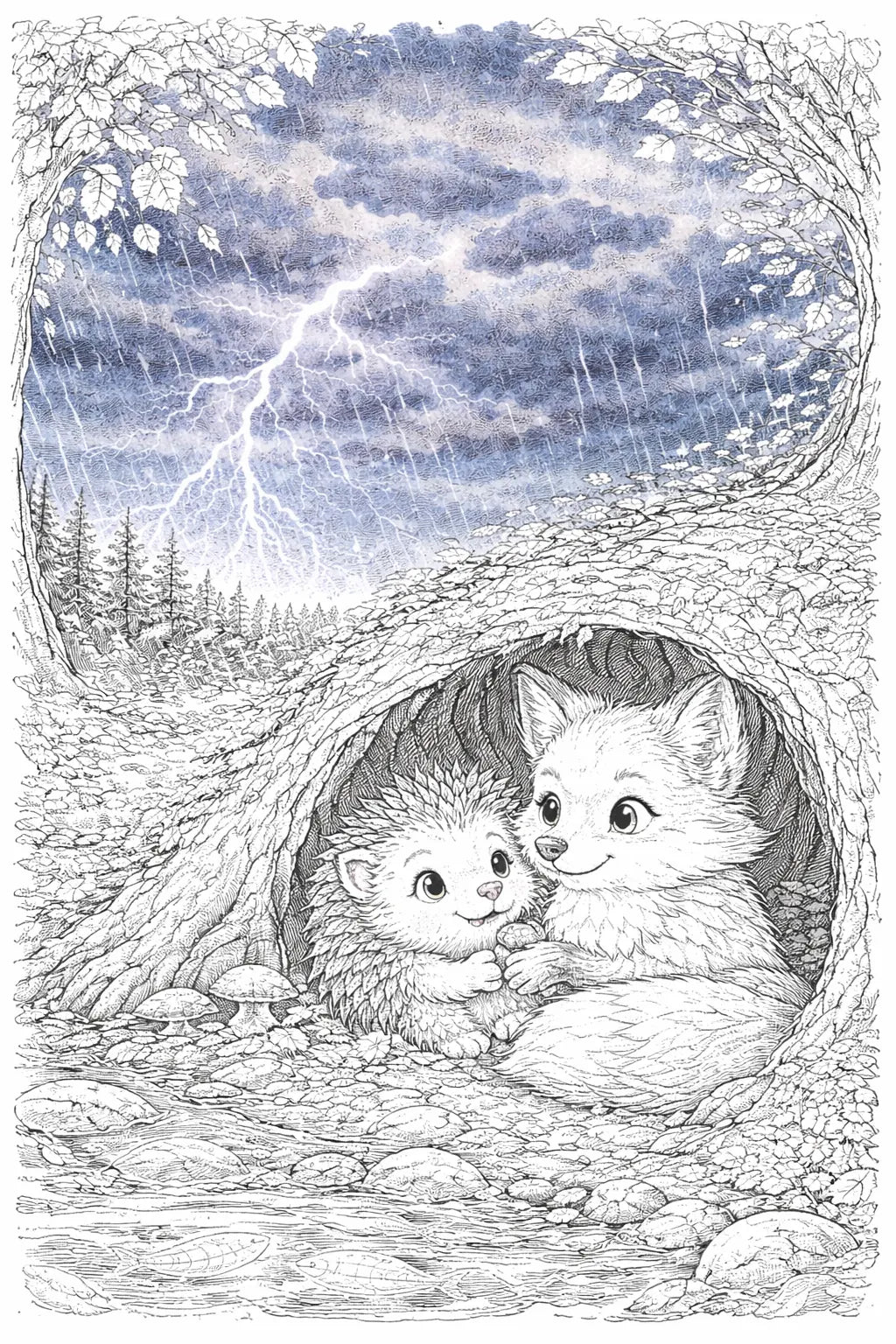 Storm scene illustration – Hariët and Finnigan sheltering together during a woodland storm